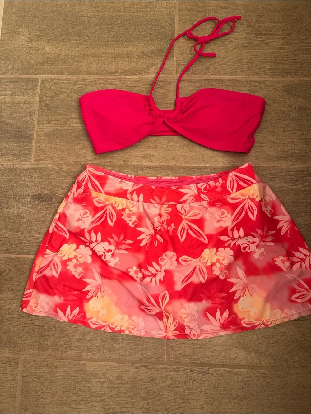 Hot Pink Bandeau Bikini Top with Floral Skirted Bottom